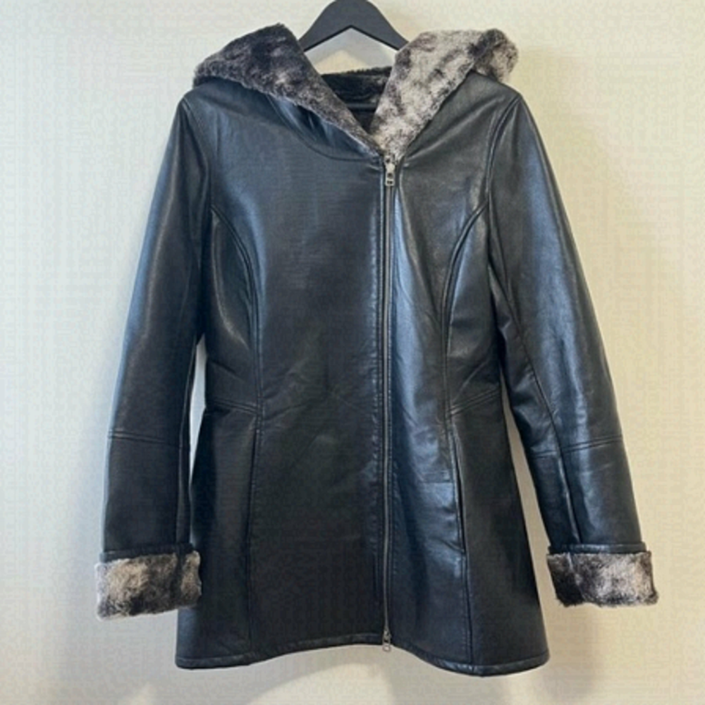 Danier Black Leather Coat with Fur Trim